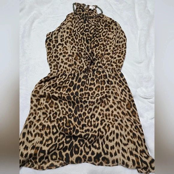 Parker 100% Silk Chain Collar Halter Mini Dress, Black & Tan Leopard Print, EUC! - Picture 6 of 10